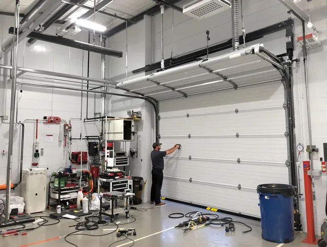 Brandon Garage Door Repair certified technician performing commercial door repair at a Brandon business facility