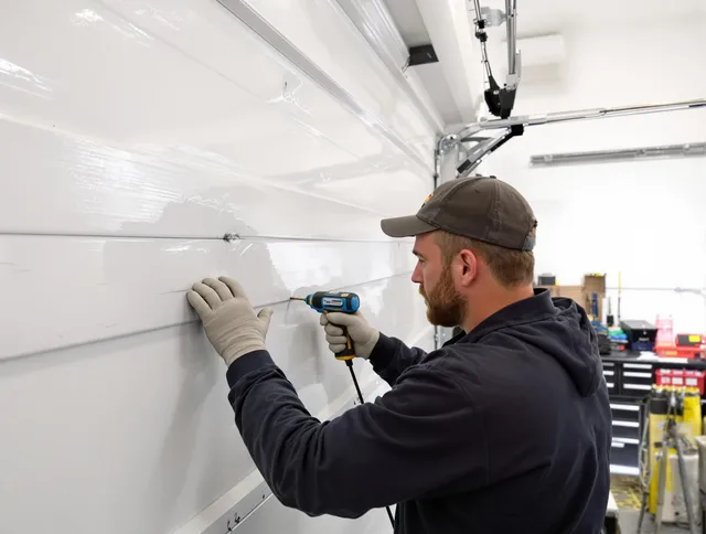 Brandon Garage Door Repair technician demonstrating precision dent removal techniques on a Brandon garage door
